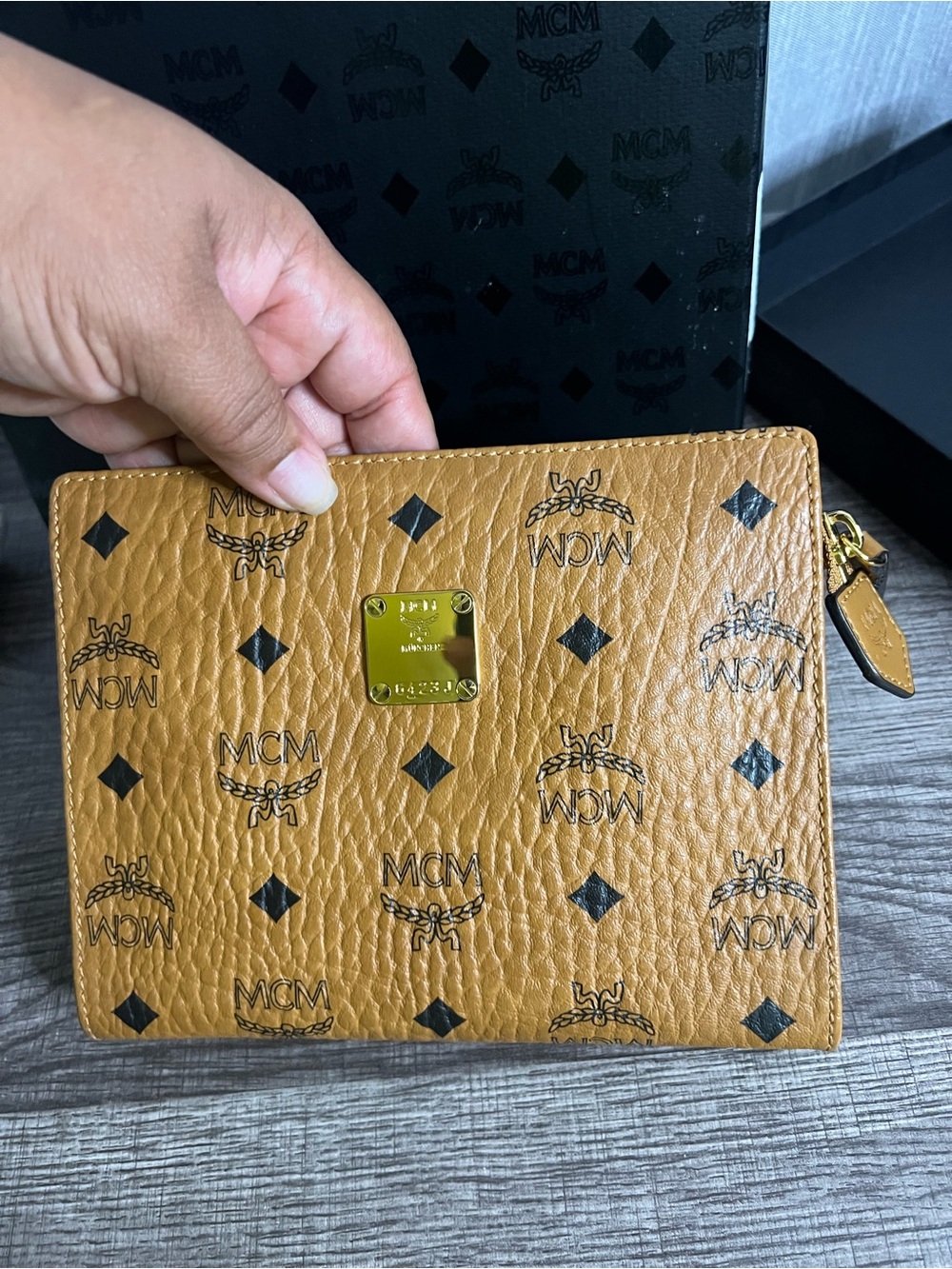 MCM Cognac Visetos Zip Pouch with Gold Plate